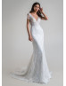 Short Sleeve Beaded Ivory Lace Wedding Dress